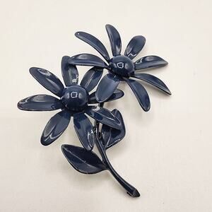 Enamel Flower Power Brooch Navy Blue Daisy Pair 1960s Mod MCM 3 Inches Long